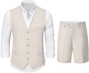 YND 2-Piece Mens Linen Waistcoat Shorts, Lightweight Vest Pants, Casual Wedding Beach Summer Prom Homecoming Outfit