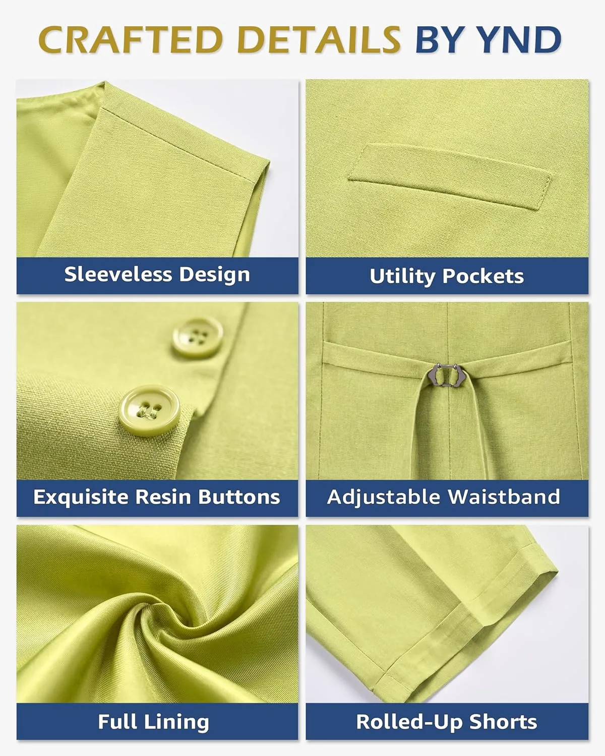 YND 2-Piece Mens Linen Waistcoat Shorts, Lightweight Vest Pants, Casual Wedding Beach Summer Prom Homecoming Outfit
