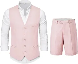 YND 2-Piece Mens Linen Waistcoat Shorts, Lightweight Vest Pants, Casual Wedding Beach Summer Prom Homecoming Outfit