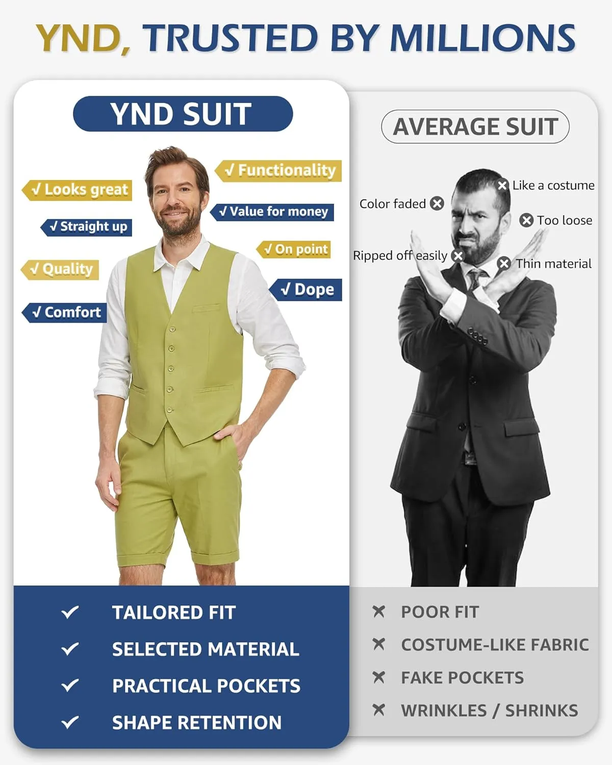 YND 2-Piece Mens Linen Waistcoat Shorts, Lightweight Vest Pants, Casual Wedding Beach Summer Prom Homecoming Outfit