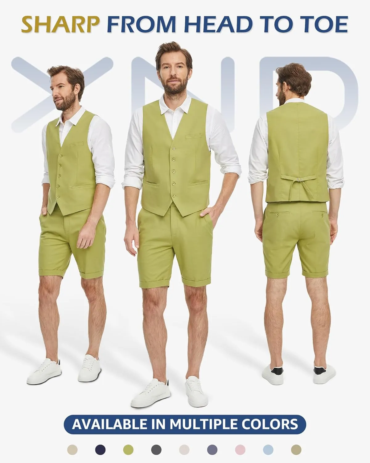 YND 2-Piece Mens Linen Waistcoat Shorts, Lightweight Vest Pants, Casual Wedding Beach Summer Prom Homecoming Outfit