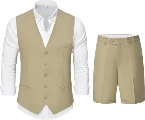 YND 2-Piece Mens Linen Waistcoat Shorts, Lightweight Vest Pants, Casual Wedding Beach Summer Prom Homecoming Outfit
