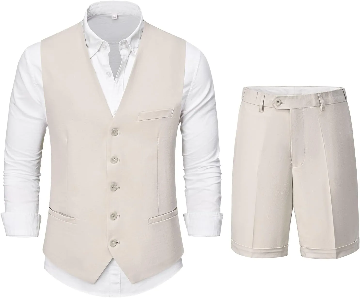 YND 2-Piece Mens Linen Waistcoat Shorts, Lightweight Vest Pants, Casual Wedding Beach Summer Prom Homecoming Outfit