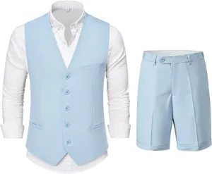 YND 2-Piece Mens Linen Waistcoat Shorts, Lightweight Vest Pants, Casual Wedding Beach Summer Prom Homecoming Outfit