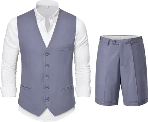 YND 2-Piece Mens Linen Waistcoat Shorts, Lightweight Vest Pants, Casual Wedding Beach Summer Prom Homecoming Outfit