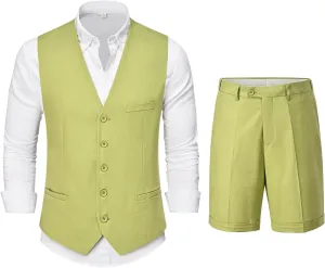 YND 2-Piece Mens Linen Waistcoat Shorts, Lightweight Vest Pants, Casual Wedding Beach Summer Prom Homecoming Outfit