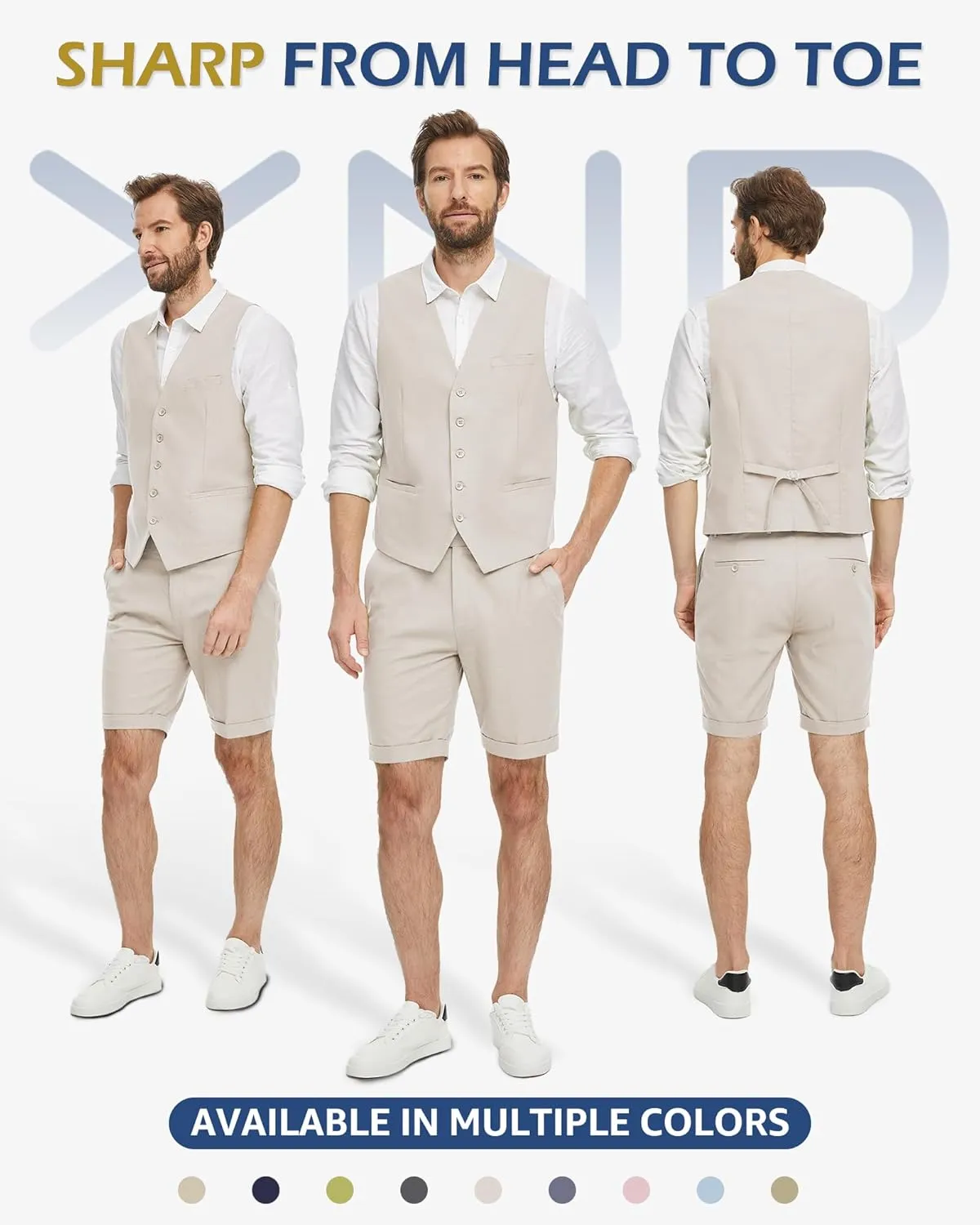 YND 2-Piece Mens Linen Waistcoat Shorts, Lightweight Vest Pants, Casual Wedding Beach Summer Prom Homecoming Outfit